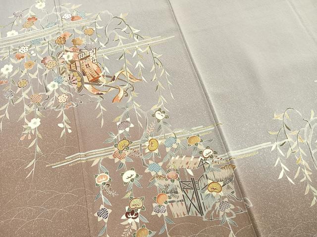 平和屋着物●訪問着 駒刺繍 御所車花文 暈し染め 金彩 正絹 逸品 AABM4030fy