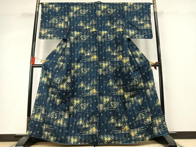 平和屋着物●上質な小紋 紬地 型染め 風景花文 正絹 逸品 未使用 AABM4031fy