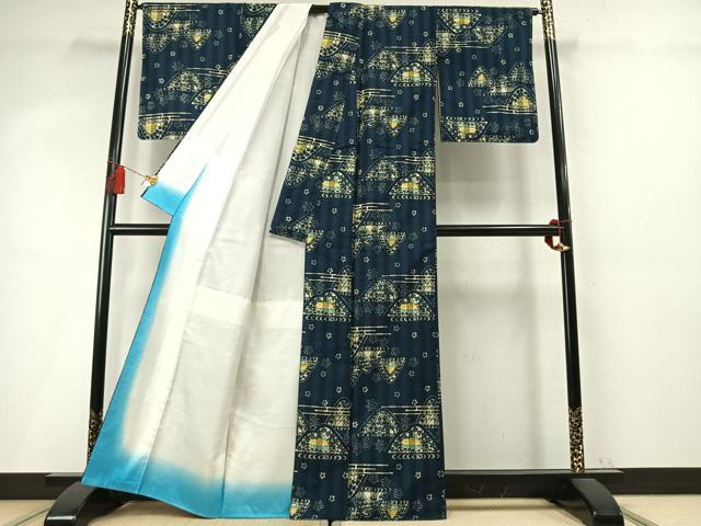 平和屋着物●上質な小紋 紬地 型染め 風景花文 正絹 逸品 未使用 AABM4031fy