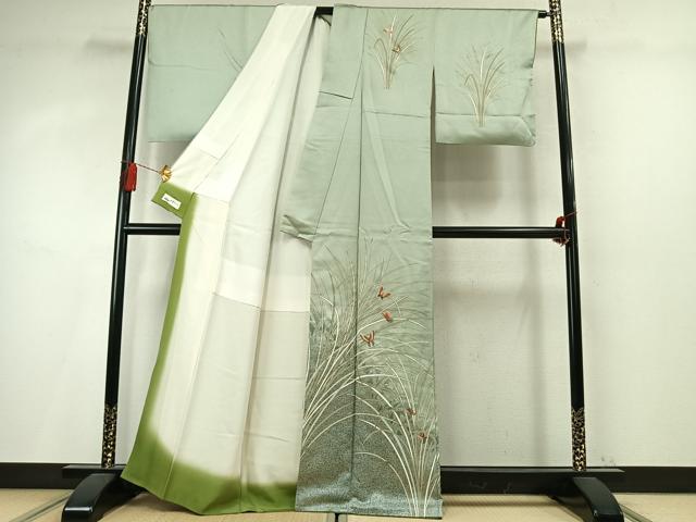 平和屋着物●訪問着 刺繍 舞蝶草葉文 金糸 金彩 やまと誂製 正絹 逸品 AABM4039fy
