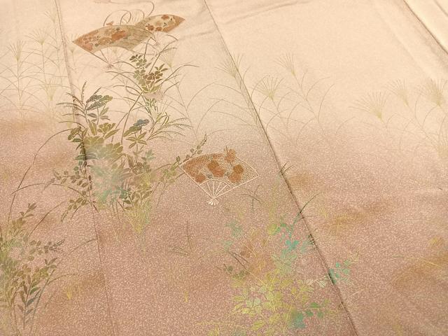 平和屋着物●中国三大刺繍 スワトウ刺繍 汕頭刺繍 訪問着 扇面花文 暈し染め 金彩 正絹 逸品 AABM4083fy