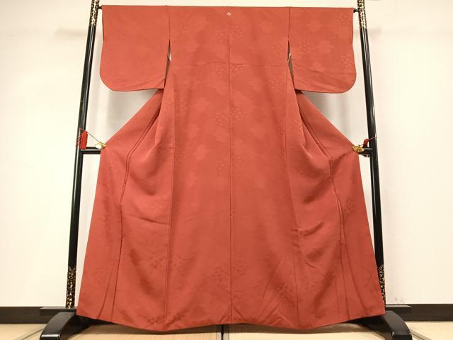 平和屋着物●上質な色無地 松皮菱地紋 赤丹色 正絹 逸品 AABM4087fy