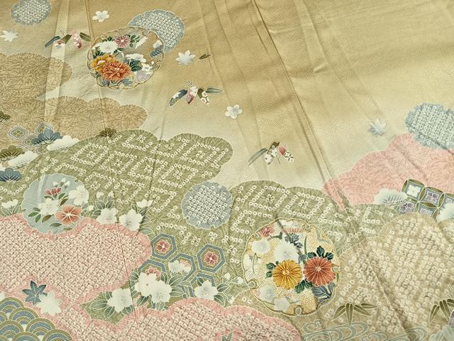 平和屋着物●訪問着 絞り 駒刺繍 雪輪花文 暈し染め 金銀彩 正絹 逸品 AABM4097fy