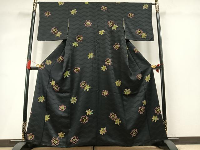 平和屋着物●上質な小紋 総絞り 舞葉文 黒地 正絹 逸品 AABM4104fy