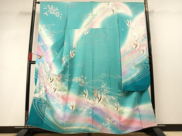 平和屋着物●豪華振袖 流水飛鶴舞桜文 暈し染め 金銀彩 正絹 逸品 AABM4111fy