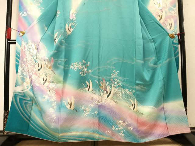 平和屋着物●豪華振袖 流水飛鶴舞桜文 暈し染め 金銀彩 正絹 逸品 AABM4111fy