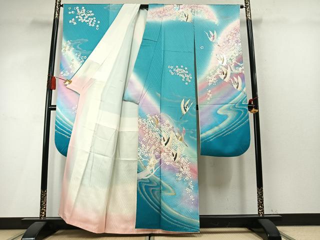 平和屋着物●豪華振袖 流水飛鶴舞桜文 暈し染め 金銀彩 正絹 逸品 AABM4111fy