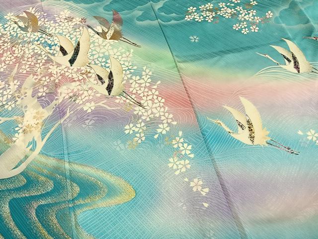平和屋着物●豪華振袖 流水飛鶴舞桜文 暈し染め 金銀彩 正絹 逸品 AABM4111fy