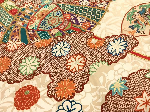 平和屋着物●中国三大刺繍 相良刺繍 振袖 駒刺繍 雲取り扇面花文 金糸 金彩 正絹 逸品 AABM4116fy