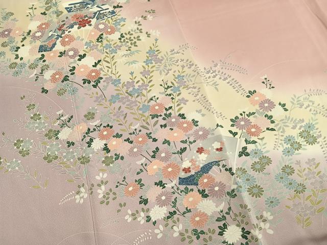 平和屋着物●訪問着 友禅 扇面花鳥文 暈し染め 正絹 逸品 AABM4131fy