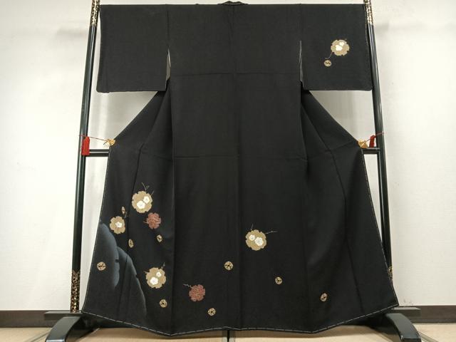 平和屋着物●訪問着 絞り 雪輪花文 黒地 金彩 まるやま扱い 正絹 逸品 AABM4163fy