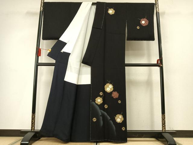 平和屋着物●訪問着 絞り 雪輪花文 黒地 金彩 まるやま扱い 正絹 逸品 AABM4163fy
