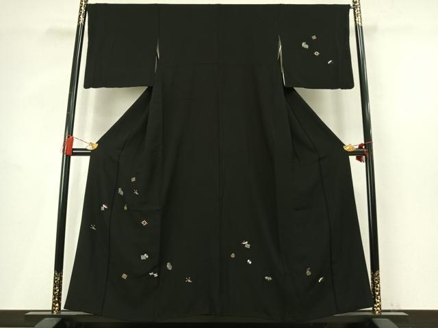 平和屋着物●訪問着 総刺繍 源氏香 宝尽くし文様 黒地 金銀糸 やまと金ラベル 正絹 逸品 AABM4172fy