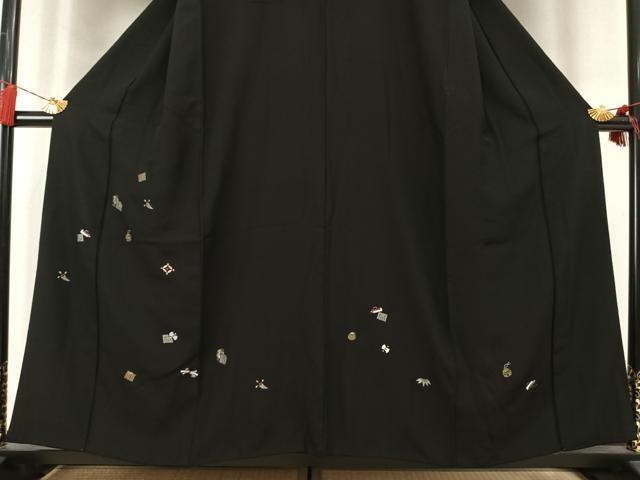 平和屋着物●訪問着 総刺繍 源氏香 宝尽くし文様 黒地 金銀糸 やまと金ラベル 正絹 逸品 AABM4172fy