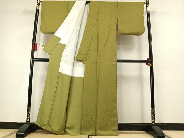 平和屋着物●上質な色無地 花尽くし地紋 根岸色 正絹 逸品 AABM4173fy
