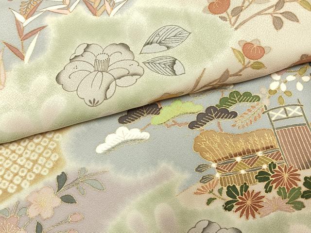 平和屋着物●訪問着 絞り 辻が花 松竹梅 金彩 正絹 逸品 AABM4183fy