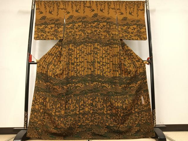 平和屋着物●訪問着 作家物 手ざし紅型 松竹梅 飛鶴花文 鬼しぼ縮緬 正絹 逸品 AABM4184fy