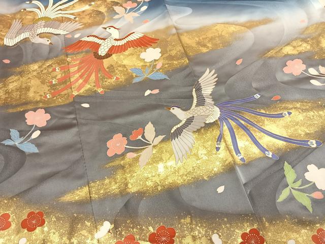 平和屋着物●訪問着 花鳥文 暈し染め 金彩 ロング丈 正絹 逸品 AABM4190fy