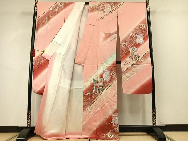 平和屋着物●豪華振袖 御所車舞桜文 暈し染め 金銀彩 正絹 逸品 AABM4191fy