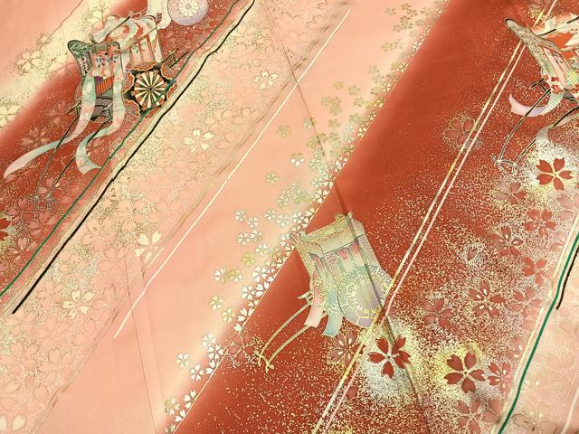 平和屋着物●豪華振袖 御所車舞桜文 暈し染め 金銀彩 正絹 逸品 AABM4191fy