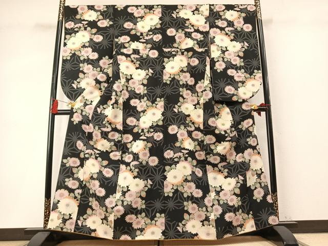 平和屋着物●小振袖 二尺袖 草花文 黒地 洗える着物 AABM4212fy