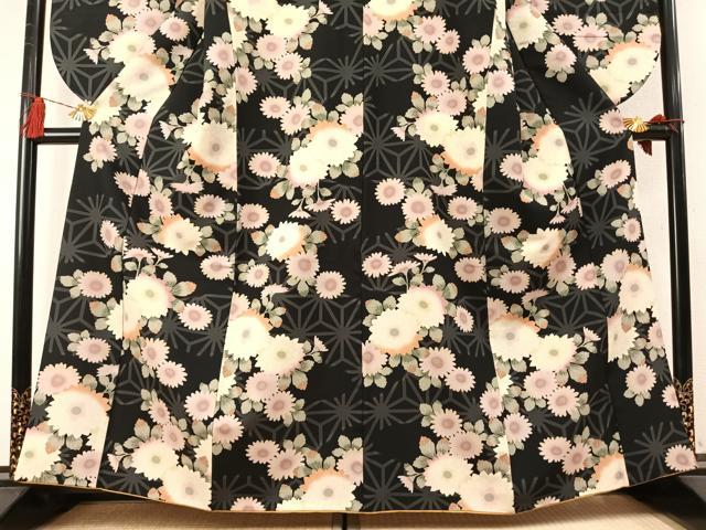 平和屋着物●小振袖 二尺袖 草花文 黒地 洗える着物 AABM4212fy