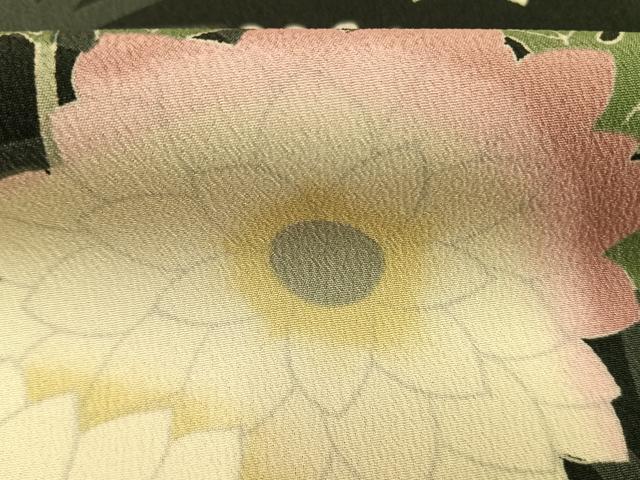 平和屋着物●小振袖 二尺袖 草花文 黒地 洗える着物 AABM4212fy