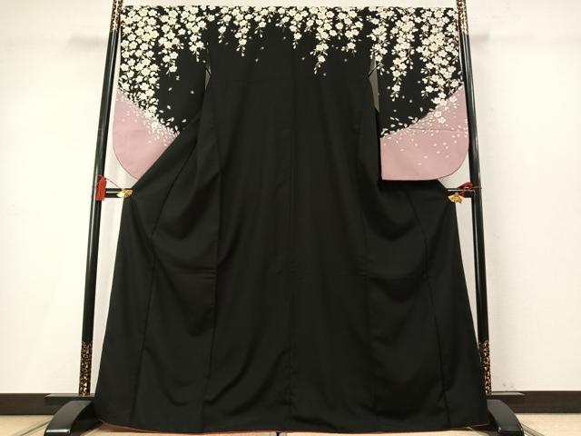 平和屋着物●小振袖 二尺袖 舞桜文 黒地 洗える着物 AABM4216fy
