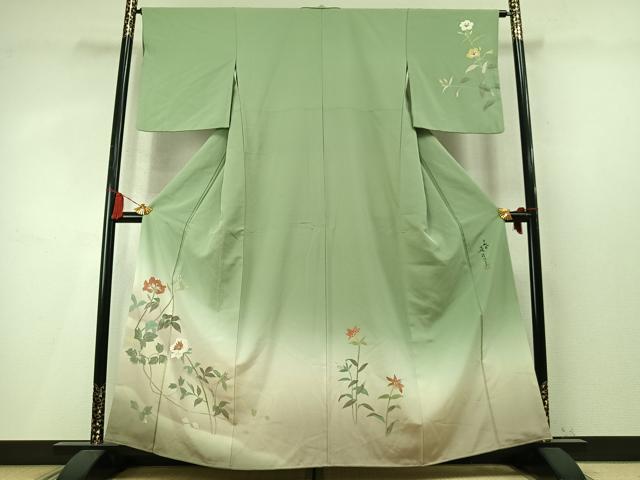 平和屋着物●二代目清次郎 手描き 訪問着 枝花文 暈し染め 正絹 逸品 AABM4221fy