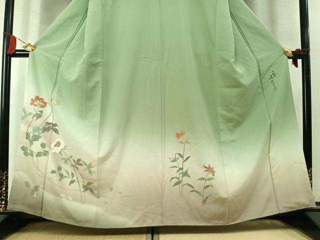 平和屋着物●二代目清次郎 手描き 訪問着 枝花文 暈し染め 正絹 逸品 AABM4221fy