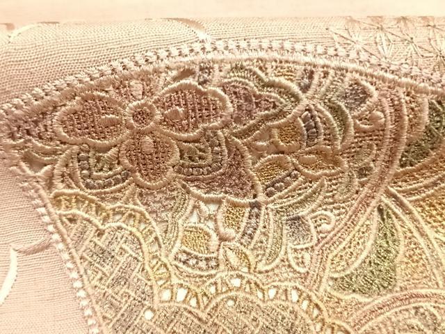 平和屋着物●中国三大刺繍 汕頭刺繍 スワトウ刺繍 総刺繍 訪問着 紬地 地紙重ね花文 金糸 金彩 正絹 逸品 AABM4223fy