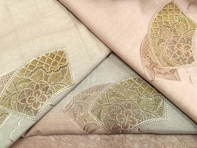 平和屋着物●中国三大刺繍 汕頭刺繍 スワトウ刺繍 総刺繍 訪問着 紬地 地紙重ね花文 金糸 金彩 正絹 逸品 AABM4223fy