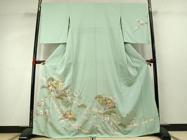 平和屋着物●訪問着 総刺繍 扇面枝梅松花文 金糸 金銀彩 正絹 逸品 AABM4226fy