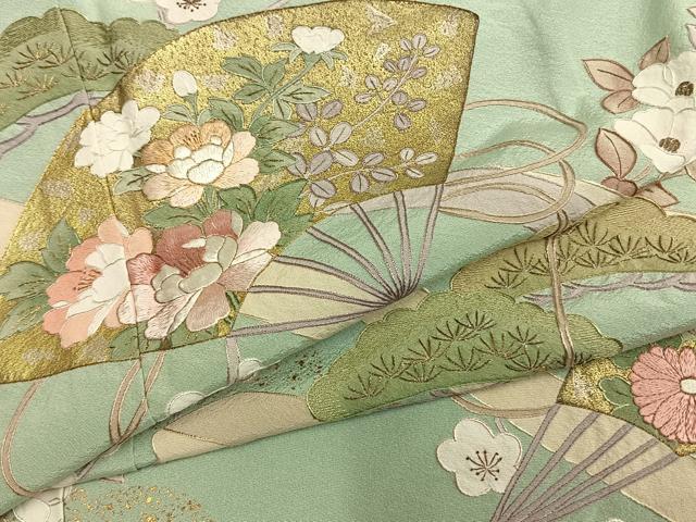 平和屋着物●訪問着 総刺繍 扇面枝梅松花文 金糸 金銀彩 正絹 逸品 AABM4226fy