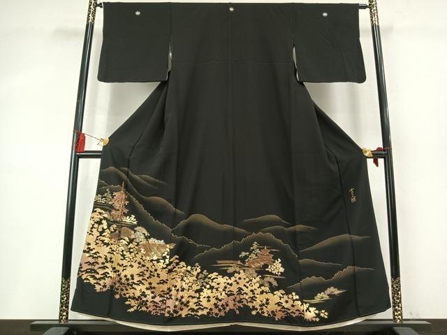 平和屋着物●京友禅作家 元橋宏太郎 黒留袖 風景松文 金彩 正絹 逸品 AABM4231fy