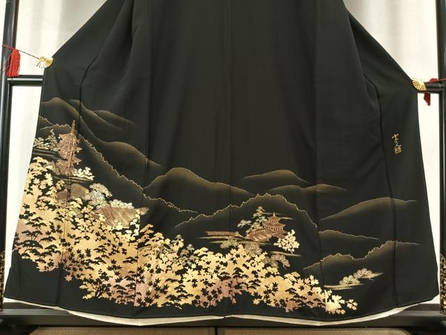 平和屋着物●京友禅作家 元橋宏太郎 黒留袖 風景松文 金彩 正絹 逸品 AABM4231fy