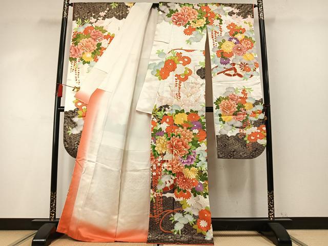 平和屋着物●豪華振袖 駒刺繍 片輪車花文 金彩 正絹 逸品 AABM4238fy