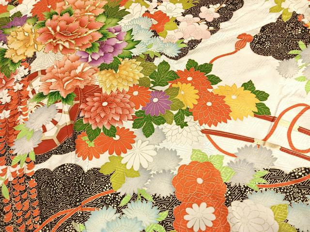 平和屋着物●豪華振袖 駒刺繍 片輪車花文 金彩 正絹 逸品 AABM4238fy