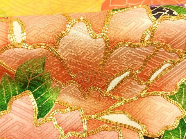 平和屋着物●豪華振袖 駒刺繍 片輪車花文 金彩 正絹 逸品 AABM4238fy