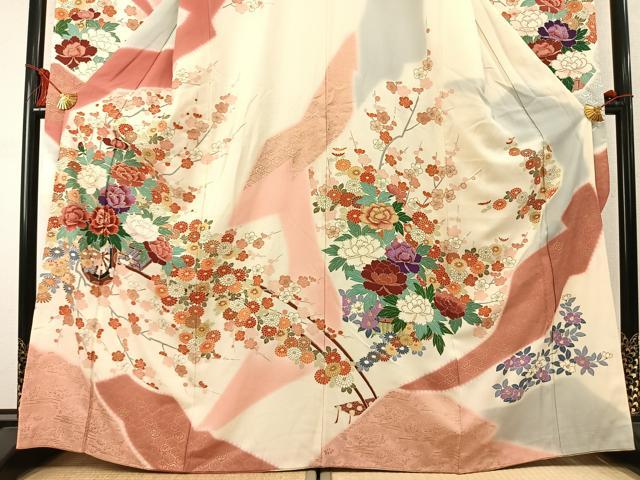 平和屋着物●豪華振袖 駒刺繍 片輪車花文 金彩 正絹 逸品 AABM4239fy
