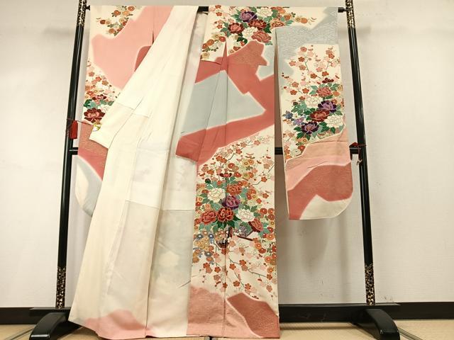 平和屋着物●豪華振袖 駒刺繍 片輪車花文 金彩 正絹 逸品 AABM4239fy