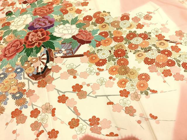 平和屋着物●豪華振袖 駒刺繍 片輪車花文 金彩 正絹 逸品 AABM4239fy