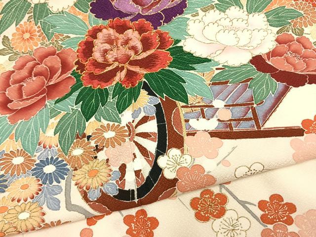 平和屋着物●豪華振袖 駒刺繍 片輪車花文 金彩 正絹 逸品 AABM4239fy