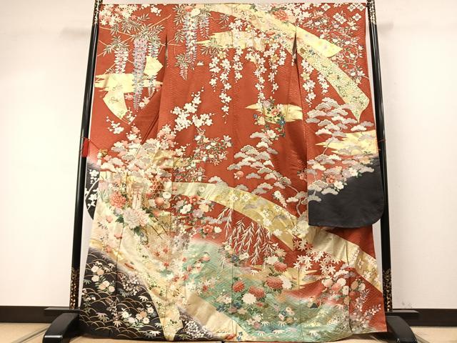 平和屋着物●英王室献上友禅作家 木下勝功 振袖 駒刺繍 松竹梅 御所車花鳥文 暈し染め 金彩 正絹 逸品 AABM4256fy