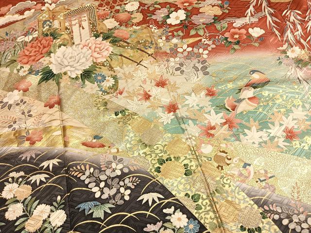 平和屋着物●英王室献上友禅作家 木下勝功 振袖 駒刺繍 松竹梅 御所車花鳥文 暈し染め 金彩 正絹 逸品 AABM4256fy