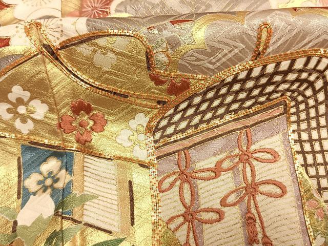 平和屋着物●英王室献上友禅作家 木下勝功 振袖 駒刺繍 松竹梅 御所車花鳥文 暈し染め 金彩 正絹 逸品 AABM4256fy