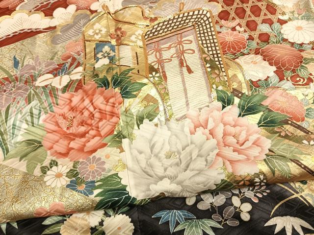 平和屋着物●英王室献上友禅作家 木下勝功 振袖 駒刺繍 松竹梅 御所車花鳥文 暈し染め 金彩 正絹 逸品 AABM4256fy