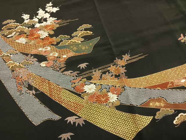 平和屋着物●創業460年・千總 黒留袖 駒刺繍 松竹梅 熨斗花文 金彩 高島屋扱い 正絹 逸品 AABM4264fy