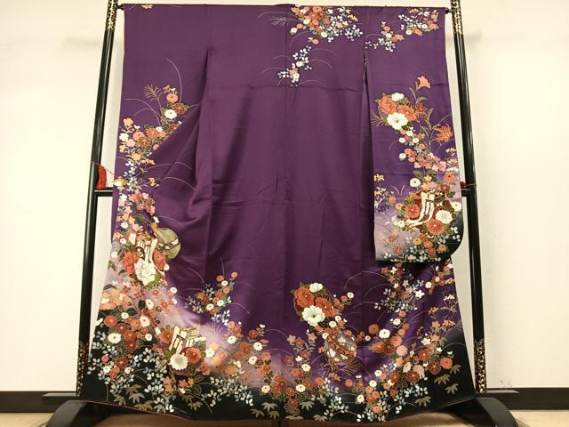 平和屋着物●豪華振袖 駒刺繍 御所車花鞠文 暈し染め 金銀彩 正絹 逸品 AABM4267fy