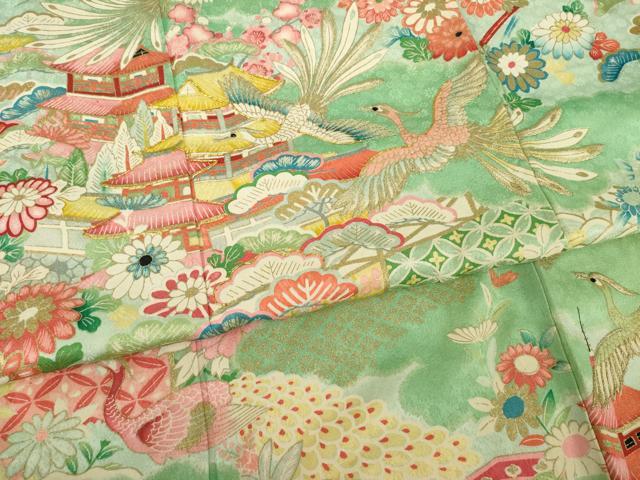 平和屋着物●豪華振袖 駒刺繍 鳳凰風景花文 金彩 正絹 逸品 AABM4281ck
